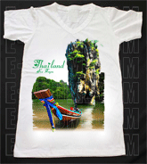 เสื้อยืดคอวีพร้อมสกรีนลายแหล่งท่องเที่ยว ลายประเทศไทย